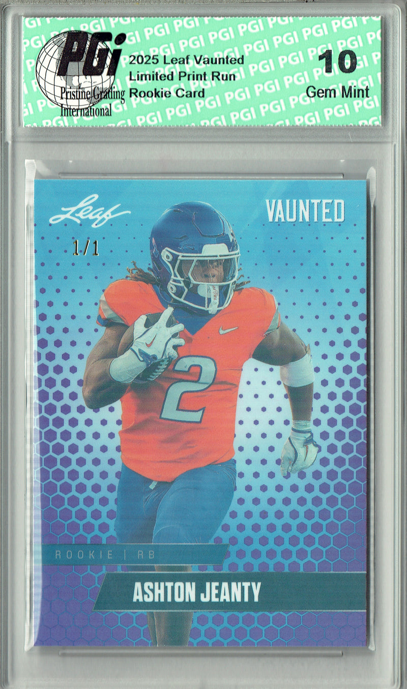 Ashton Jeanty Rookie Card Boise St / Las Vegas PGI 10 Football Trading Card 2025 Leaf Vaunted #V-01 Purple Shimmer 1/1