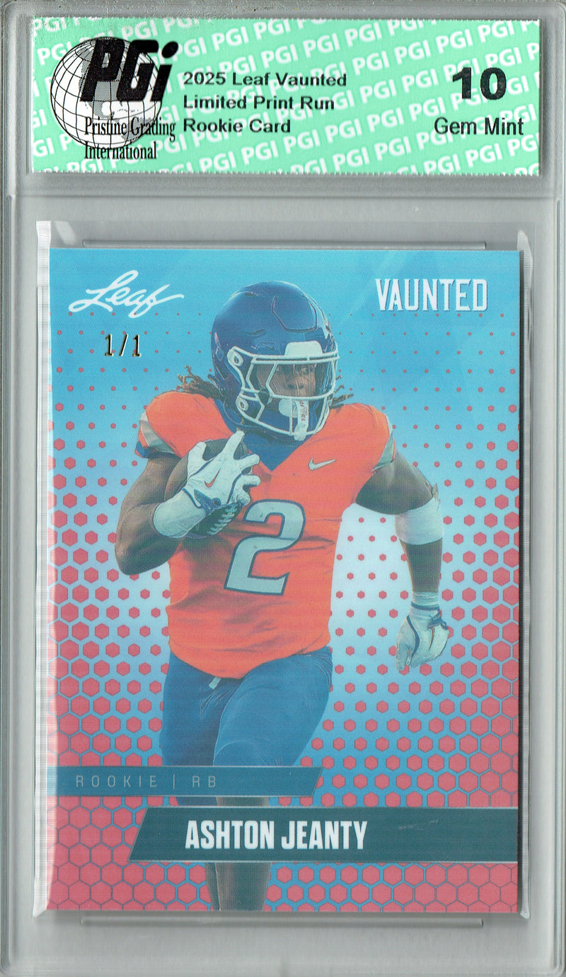Ashton Jeanty Rookie Card Boise St / Las Vegas PGI 10 Football Trading Card 2025 Leaf Vaunted #V-01 Red Shimmer 1/1