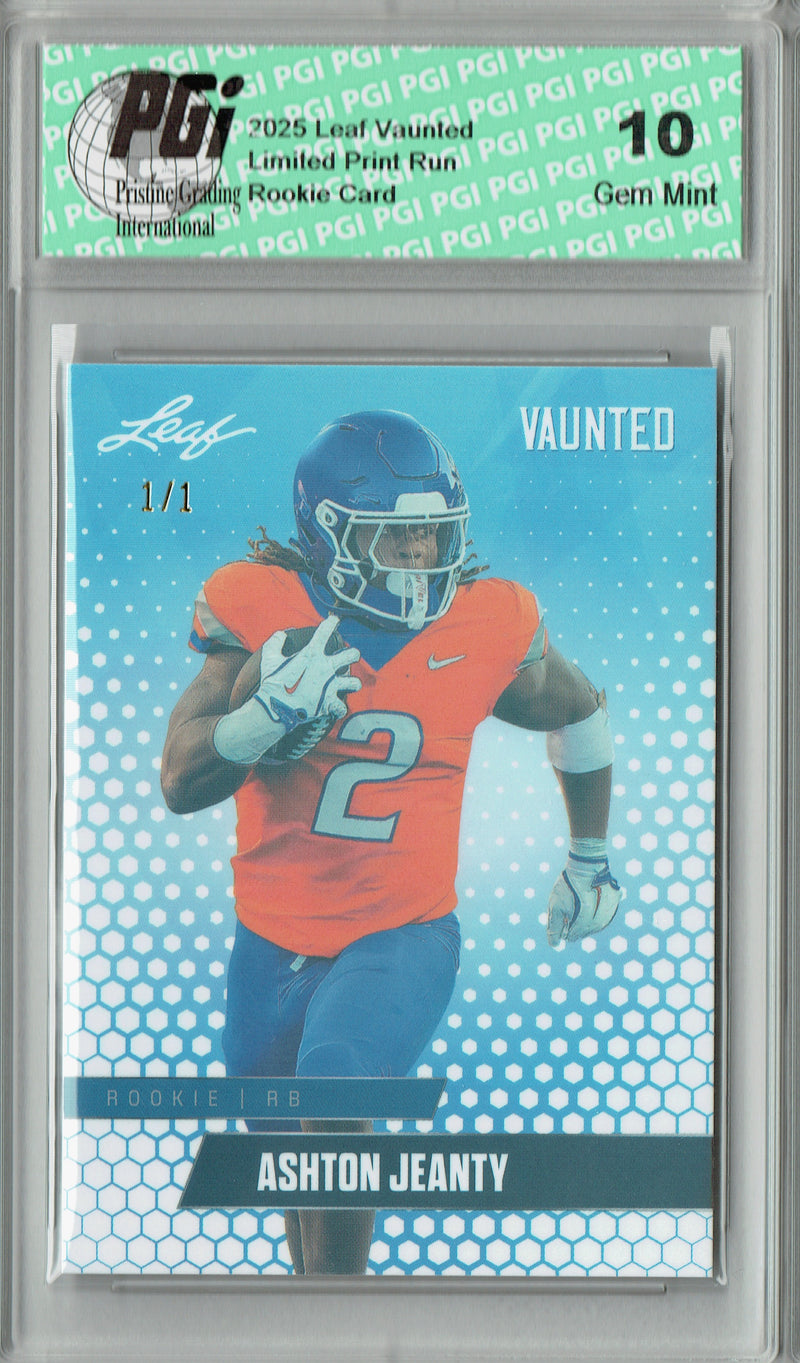 Ashton Jeanty Rookie Card Boise St / Las Vegas PGI 10 Football Trading Card 2025 Leaf Vaunted #V-01 White Shimmer 1/1