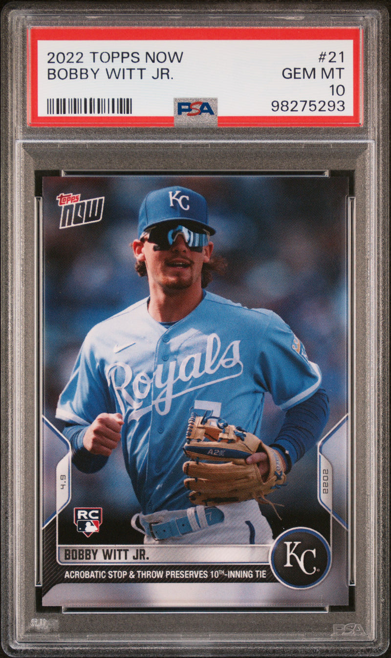 PSA 10 Bobby Witt Jr. 2022 Topps Now #21 Acrobatic Stop/Throw Rookie Card Kansas City Royals