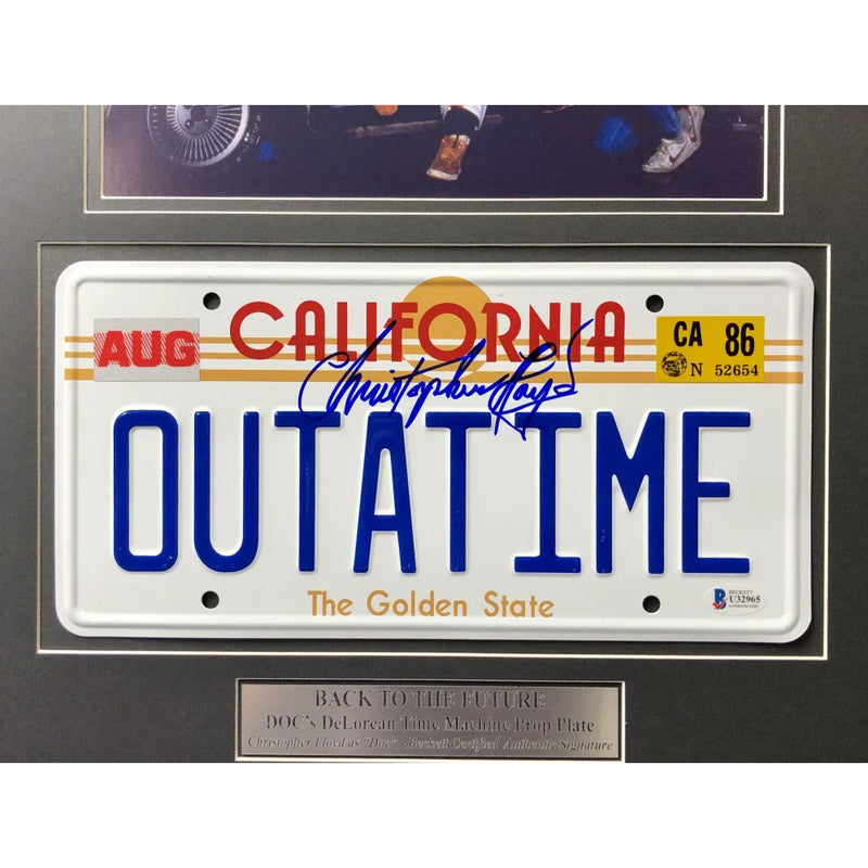 "Back to the Future" Christopher Lloyd Signed Delorean Movie Car License Plate Framed Collage BAS