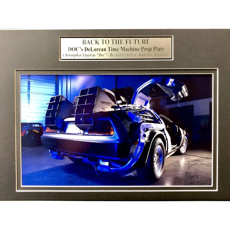 "Back to the Future" Christopher Lloyd Signed Delorean Movie Car License Plate Framed Collage BAS