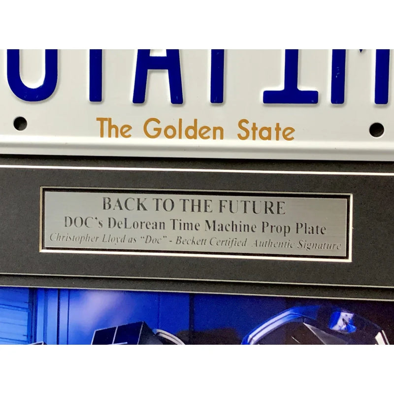 "Back to the Future" Christopher Lloyd Signed Delorean Movie Car License Plate Framed Collage BAS