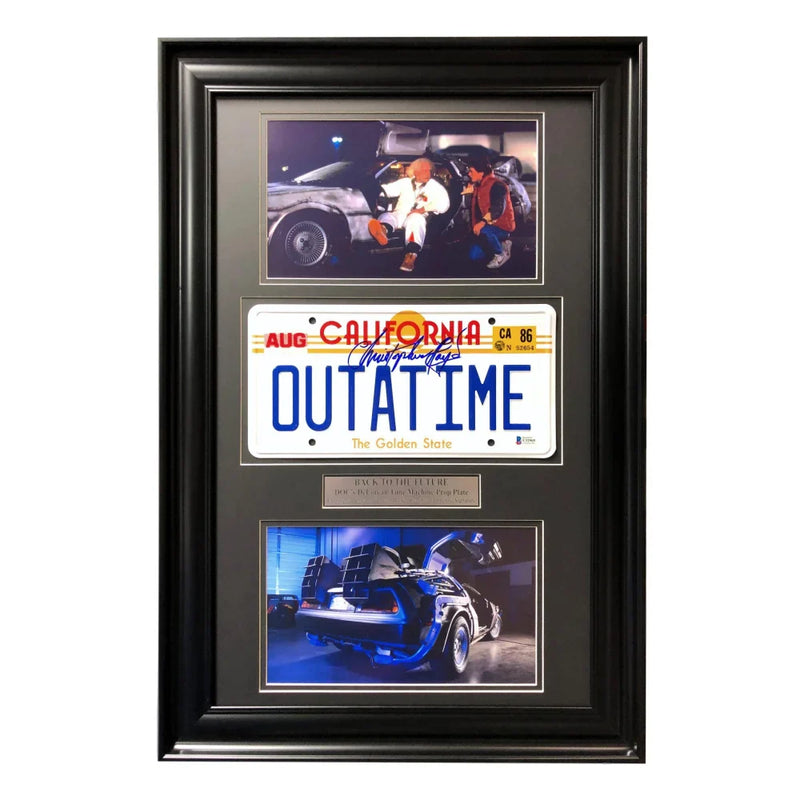 "Back to the Future" Christopher Lloyd Signed Delorean Movie Car License Plate Framed Collage BAS