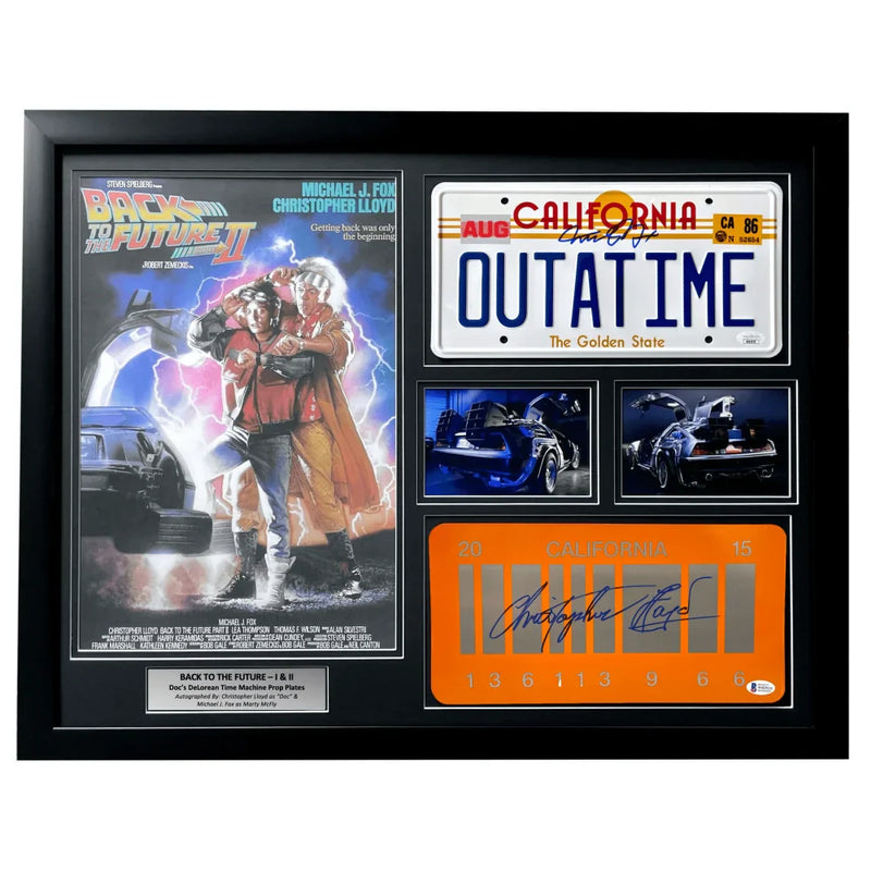 "Back to the Future" Delorean Michael J. Fox / Christopher Lloyd Autographed License Plate Framed