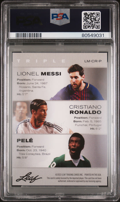 PSA 10 Lionel Messi Pele Cristiano Ronaldo '22 Leaf Triple Gold Shimmer 1/1 Card