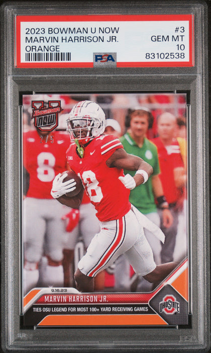 PSA 10 GEM-MT Marvin Harrison Jr. 2023 Bowman University Now #3 Rookie Card Orange SP #2/5