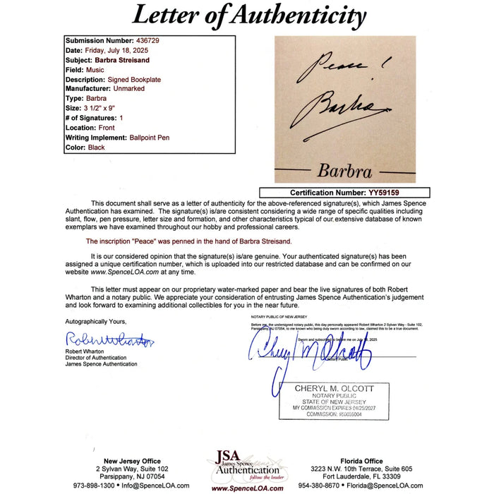 Barbra Streisand Signed Cut Framed JSA COA The Way We Were Singer Autograph