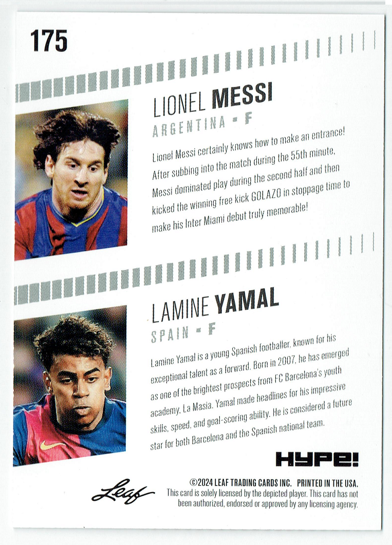 Mint Lionel Messi/Lamine Yamal 2024 Leaf HYPE! #LH175 Only 5000 Made Rookie Card
