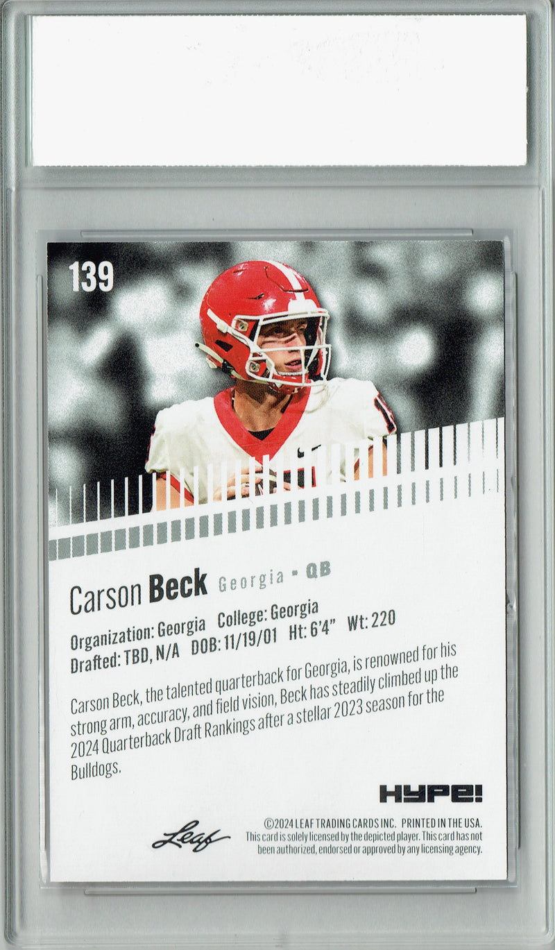 Carson Beck 2024 Leaf HYPE! #139 Red SP 5 Made Rookie Card PGI 10