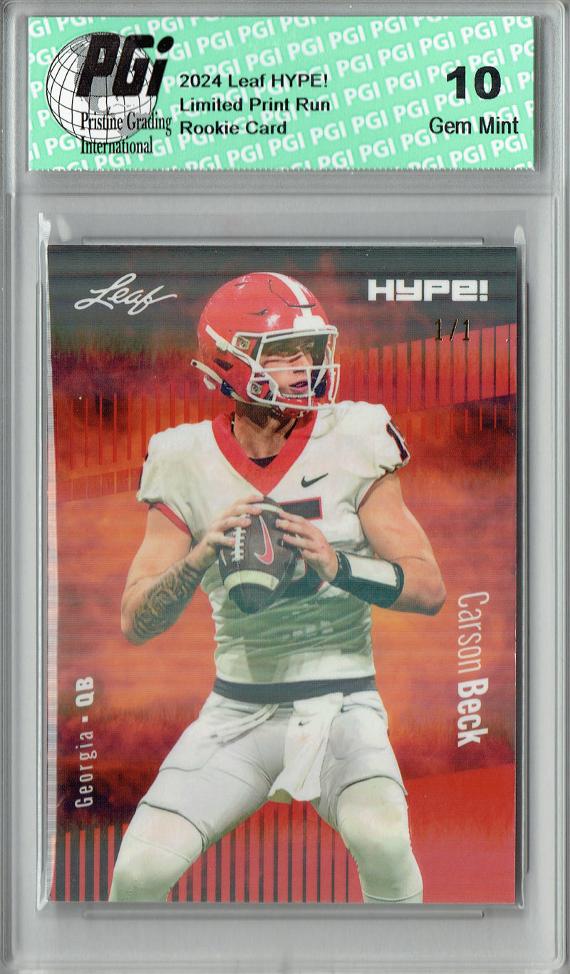 Carson Beck Rookie Card Georgia / Arizona PGI 10 Gem Mint Football Trading Card 2024 Leaf HYPE! #139 Orange Shimmer 1/1
