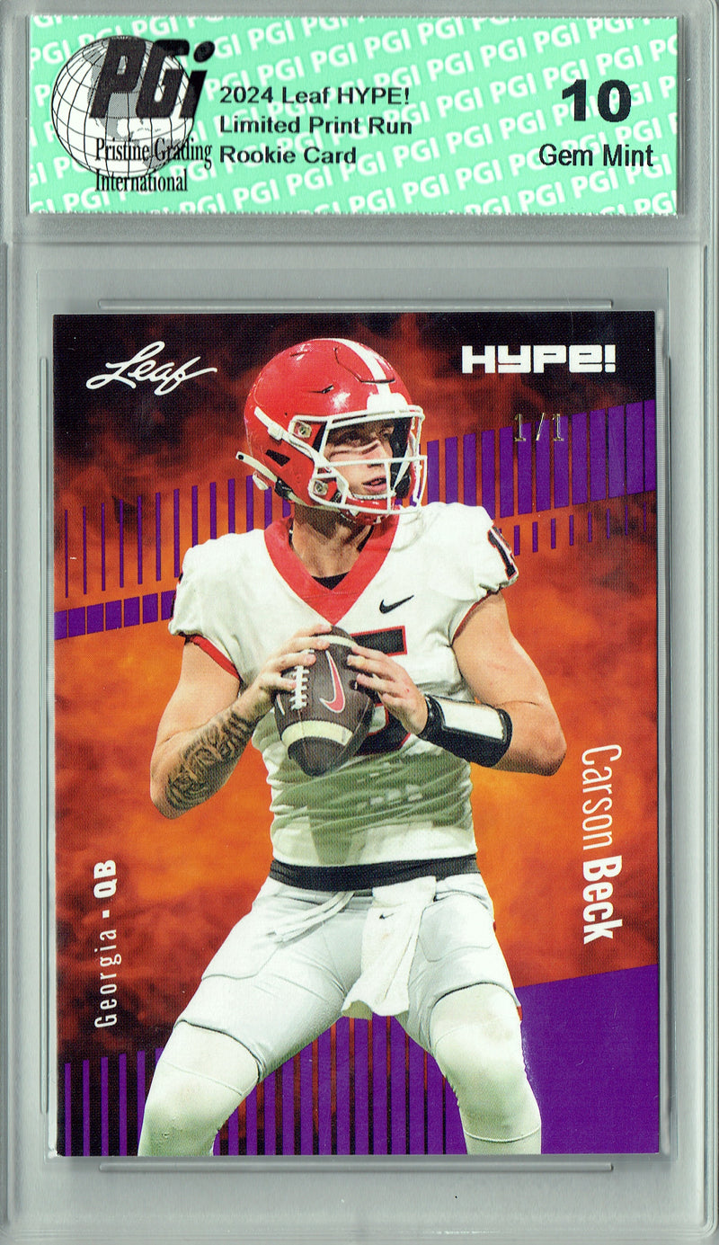 Carson Beck Rookie Card Georgia / Arizona PGI 10 Gem Mint Football Trading Card 2024 Leaf HYPE! #139 Purple Blank Back 1/1