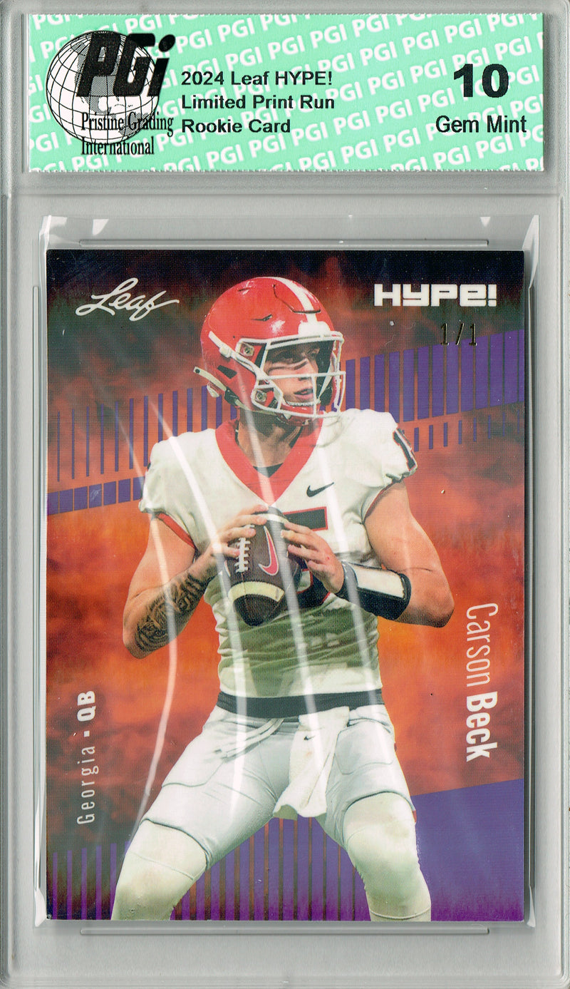 Carson Beck Rookie Card Georgia / Arizona PGI 10 Gem Mint Football Trading Card 2024 Leaf HYPE! #139 Purple Shimmer 1/1