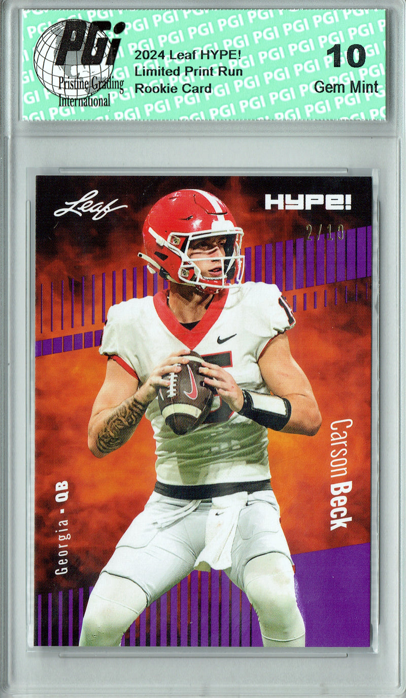 Carson Beck Rookie Card Georgia / Arizona PGI 10 Gem Mint Football Trading Card 2024 Leaf HYPE! #139 Purple SP 10 Made