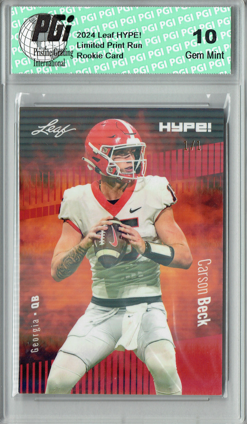 Carson Beck Rookie Card Georgia / Arizona PGI 10 Gem Mint Football Trading Card 2024 Leaf HYPE! #139 Red Shimmer 1/1