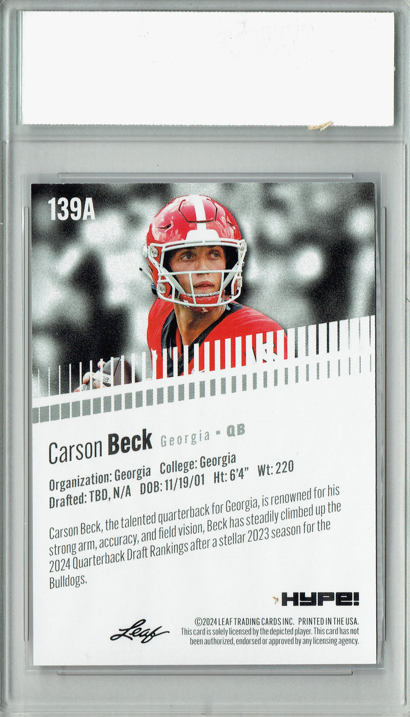 Carson Beck 2024 Leaf HYPE! #139A Red SP 5 Made Rookie Card PGI 10