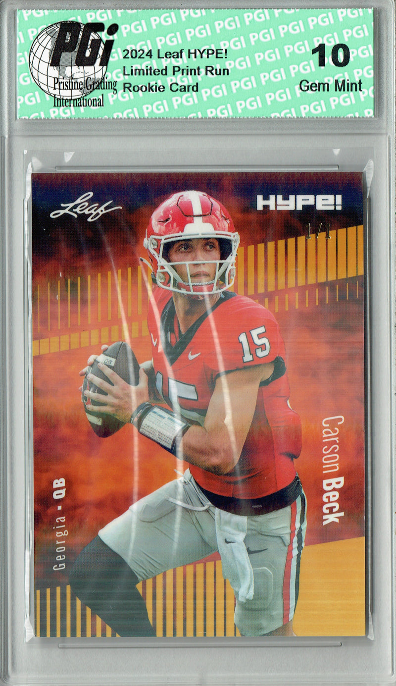 Carson Beck Rookie Card Georgia / Arizona PGI 10 Gem Mint Football Trading Card 2024 Leaf HYPE! #139A Gold Shimmer 1/1