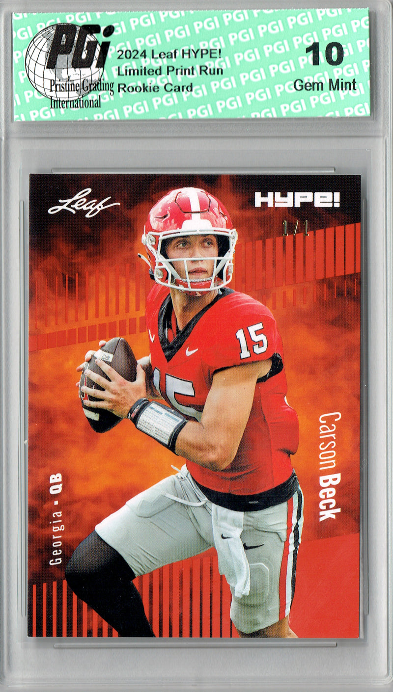Carson Beck Rookie Card Georgia / Arizona PGI 10 Gem Mint Football Trading Card 2024 Leaf HYPE! #139A Orange Blank Back 1/1