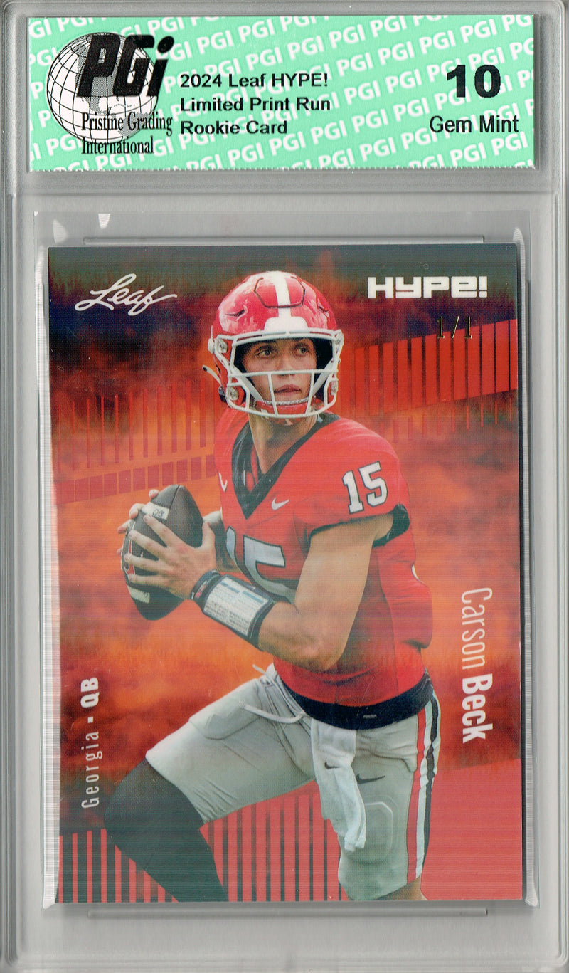 Carson Beck Rookie Card Georgia / Arizona PGI 10 Gem Mint Football Trading Card 2024 Leaf HYPE! #139A Orange Shimmer 1/1