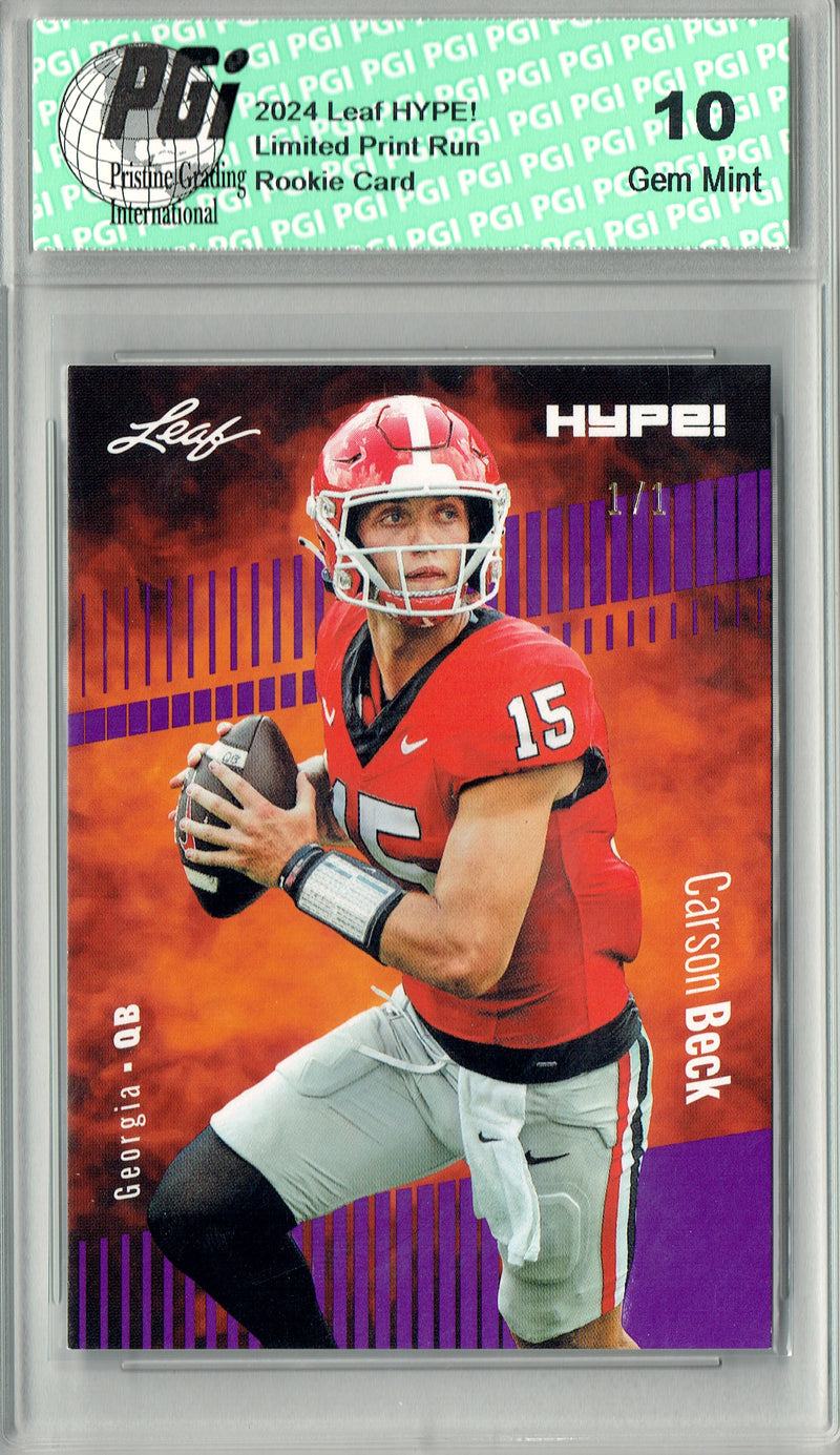 Carson Beck Rookie Card Georgia / Arizona PGI 10 Gem Mint Football Trading Card 2024 Leaf HYPE! #139A Purple Blank Back 1/1