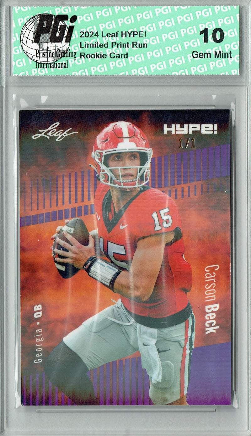 Carson Beck Rookie Card Georgia / Arizona PGI 10 Gem Mint Football Trading Card 2024 Leaf HYPE! #139A Purple Shimmer 1/1