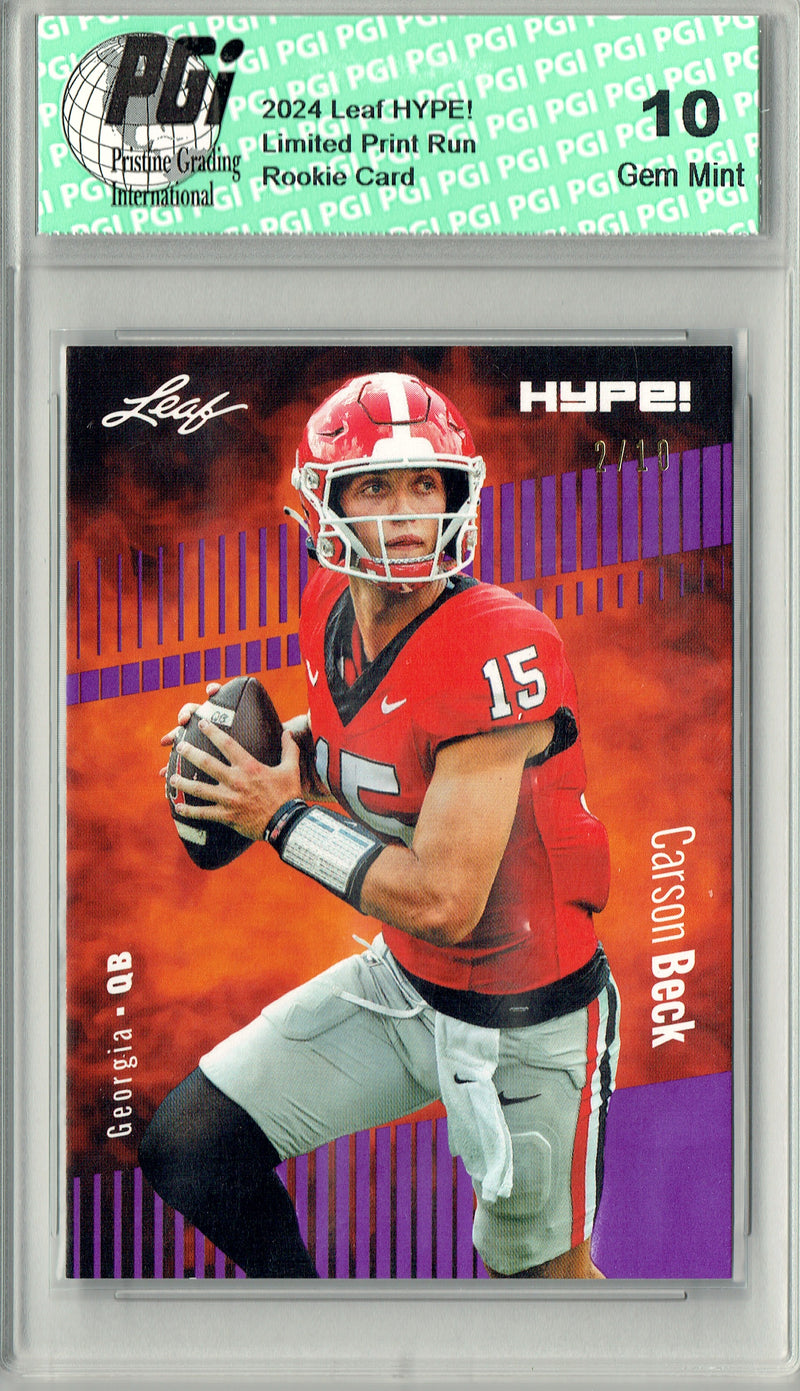 Carson Beck Rookie Card Georgia / Arizona PGI 10 Gem Mint Football Trading Card 2024 Leaf HYPE! #139A Purple SP 10 Made