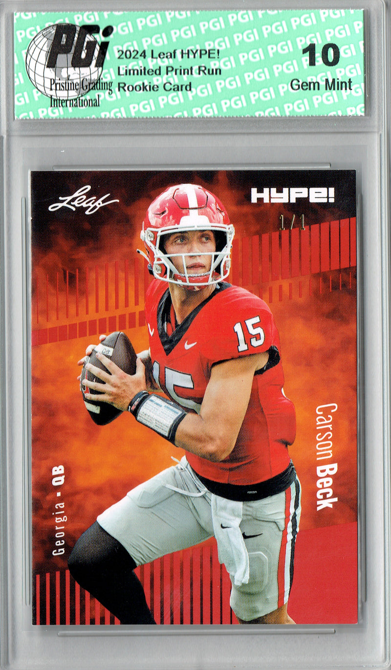 Carson Beck Rookie Card Georgia / Arizona PGI 10 Gem Mint Football Trading Card 2024 Leaf HYPE! #139A Red Blank Back 1/1