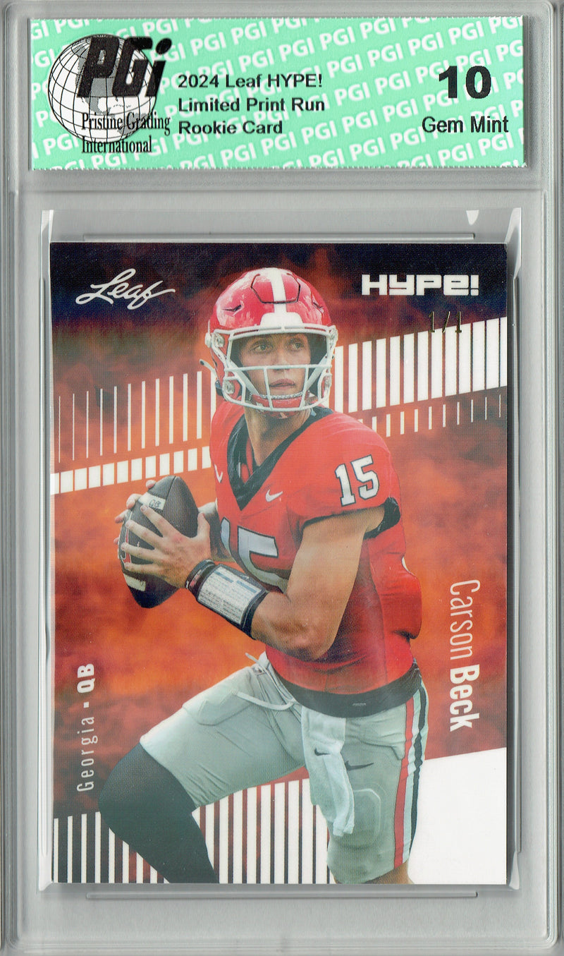 Carson Beck Rookie Card Georgia / Arizona PGI 10 Gem Mint Football Trading Card 2024 Leaf HYPE! #139A White Shimmer 1/1