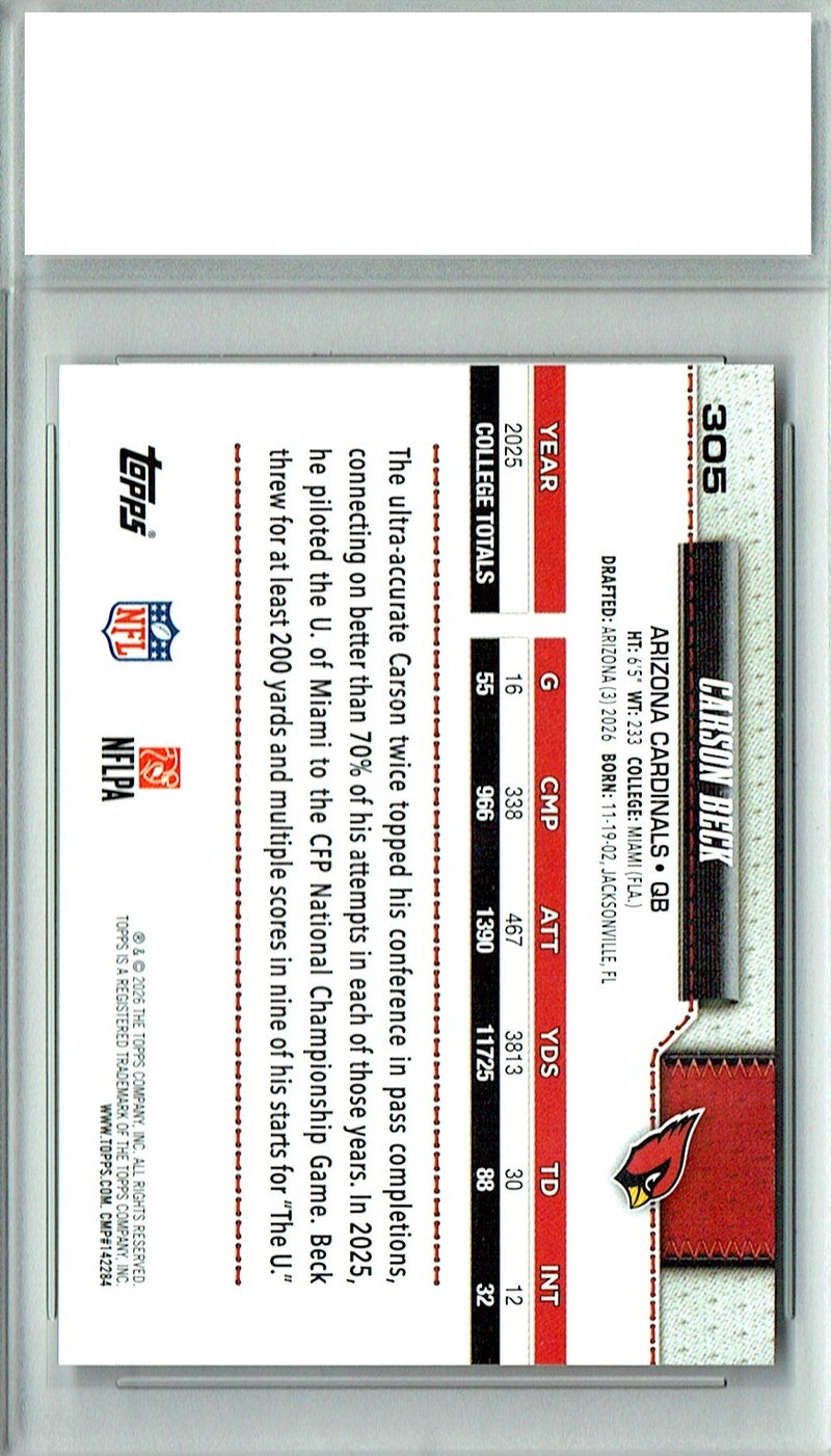 Carson Beck Rookie Card 2026 Topps #305 Flagship, Certified Mint+ Condition, Arizona Cardinals Football