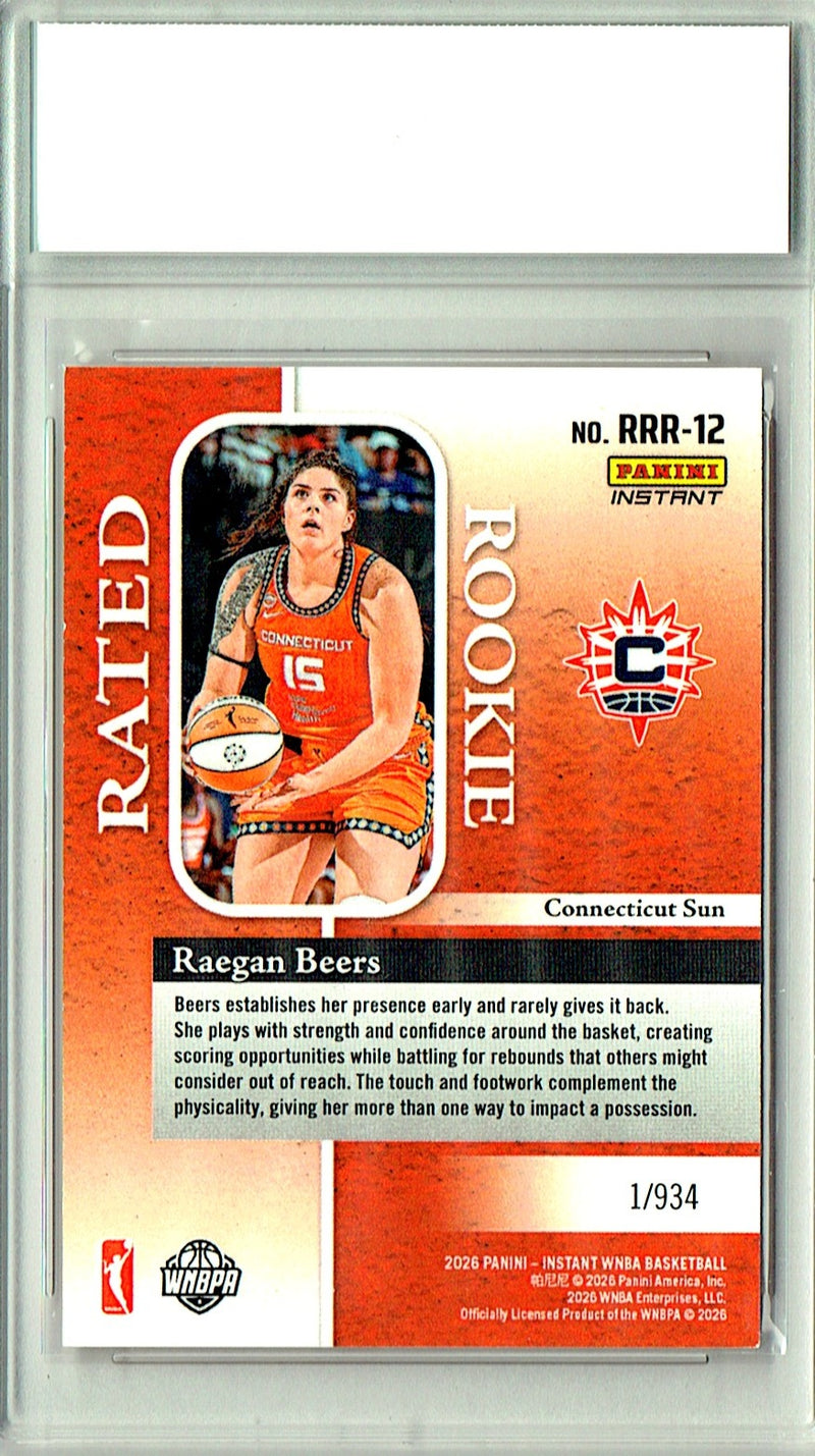 Raegan Beers Rookie Card 2026 Panini Instant #RRR-12 Rated Rookie, PGI 10, Connecticut Sun Basketball