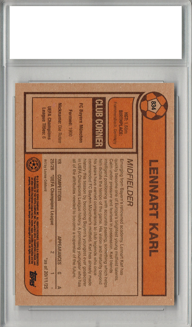 Certified Mint+ Lennart Karl 2025 #834 Living Set Rookie Card FC Bayern Munchen