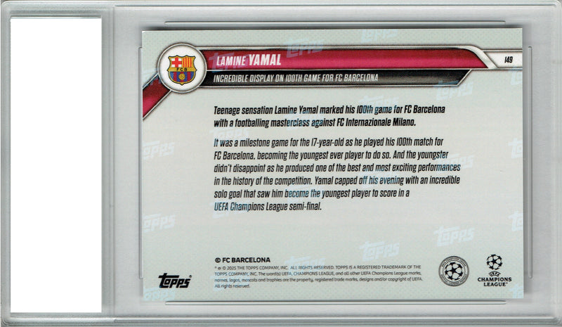 Certified Mint+ Lamine Yamal 2025 Now #149 100th Game Rare Trading Card FC Barcelona