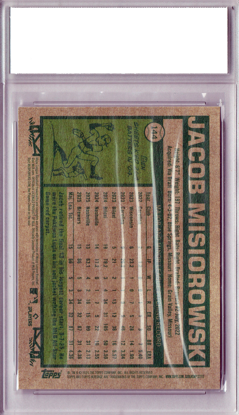 Jacob Misiorowski Rookie Card 2026 Topps Heritage #144 PRISTINE, PGI 10, Milwaukee Brewers Baseball