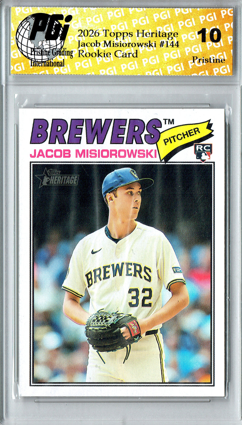 Jacob Misiorowski Rookie Card 2026 Topps Heritage #144 PRISTINE, PGI 10, Milwaukee Brewers Baseball