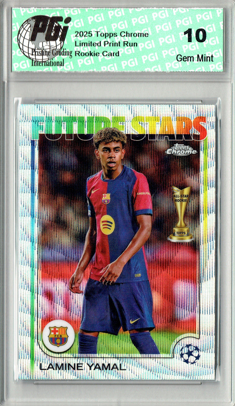 Lamine Yamal Rookie Card 2025 Topps Chrome #27 UCC Future Stars Wave Refractor, PGI 10, Barcelona Soccer