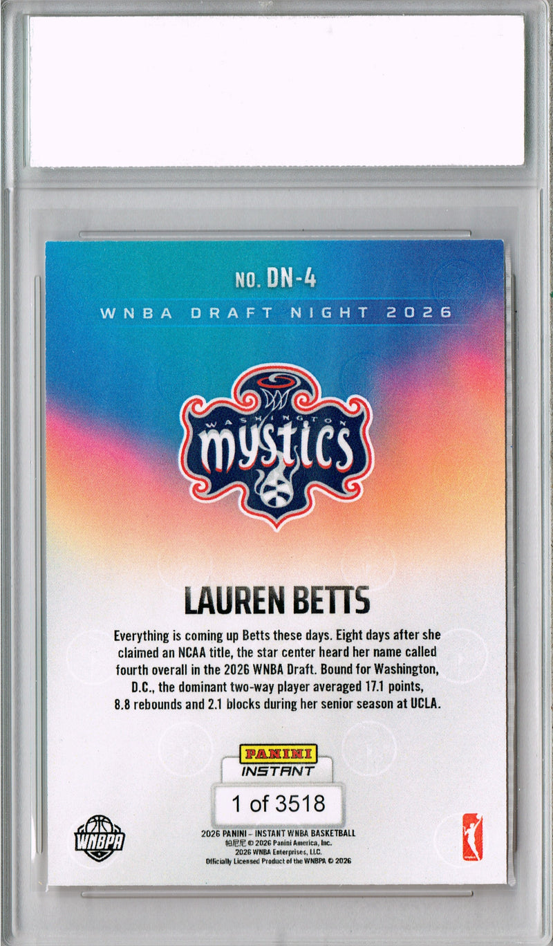 Lauren Betts Rookie Card Washington Mystics 2026 WNBA Draft Night #DN-4 1 of 3518 PGI 10 Gem Mint Trading Card