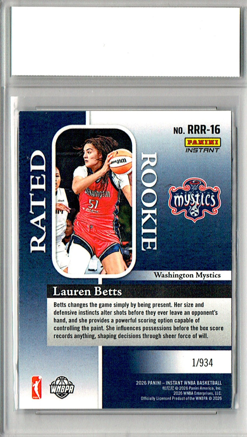 Lauren Betts Rookie Card 2026 Panini Instant #RRR-16 Rated Rookie, PGI 10, Washington Mystics Basketball