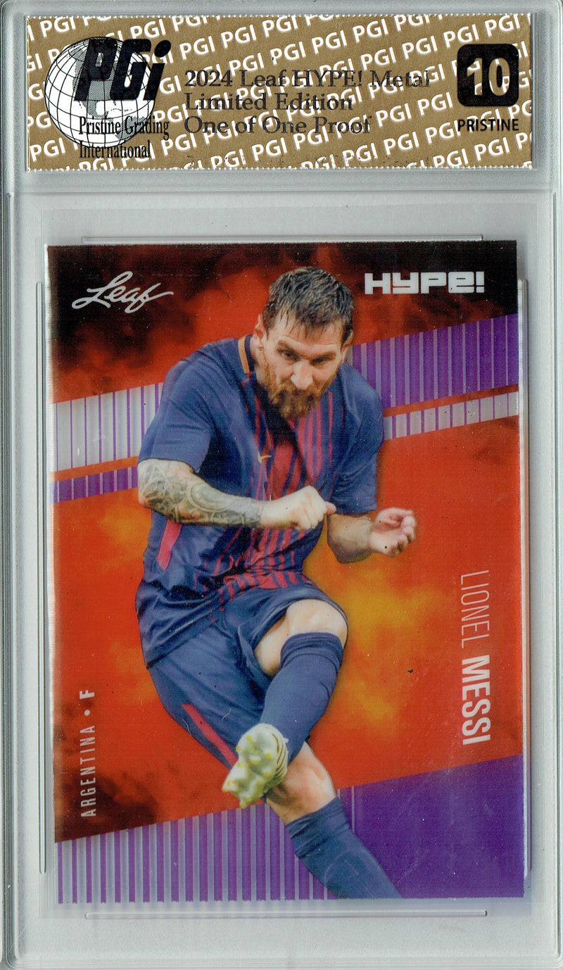 Lionel Messi 2024 Leaf Metal HYPE! #HM-11 Purple 1/1 Proof Rare Card PGI 10