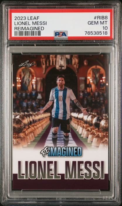 PSA 10 GEM-MT Lionel Messi 2023 Leaf #RIB8 Rare Trading Card Trophies Reimagined #1/632