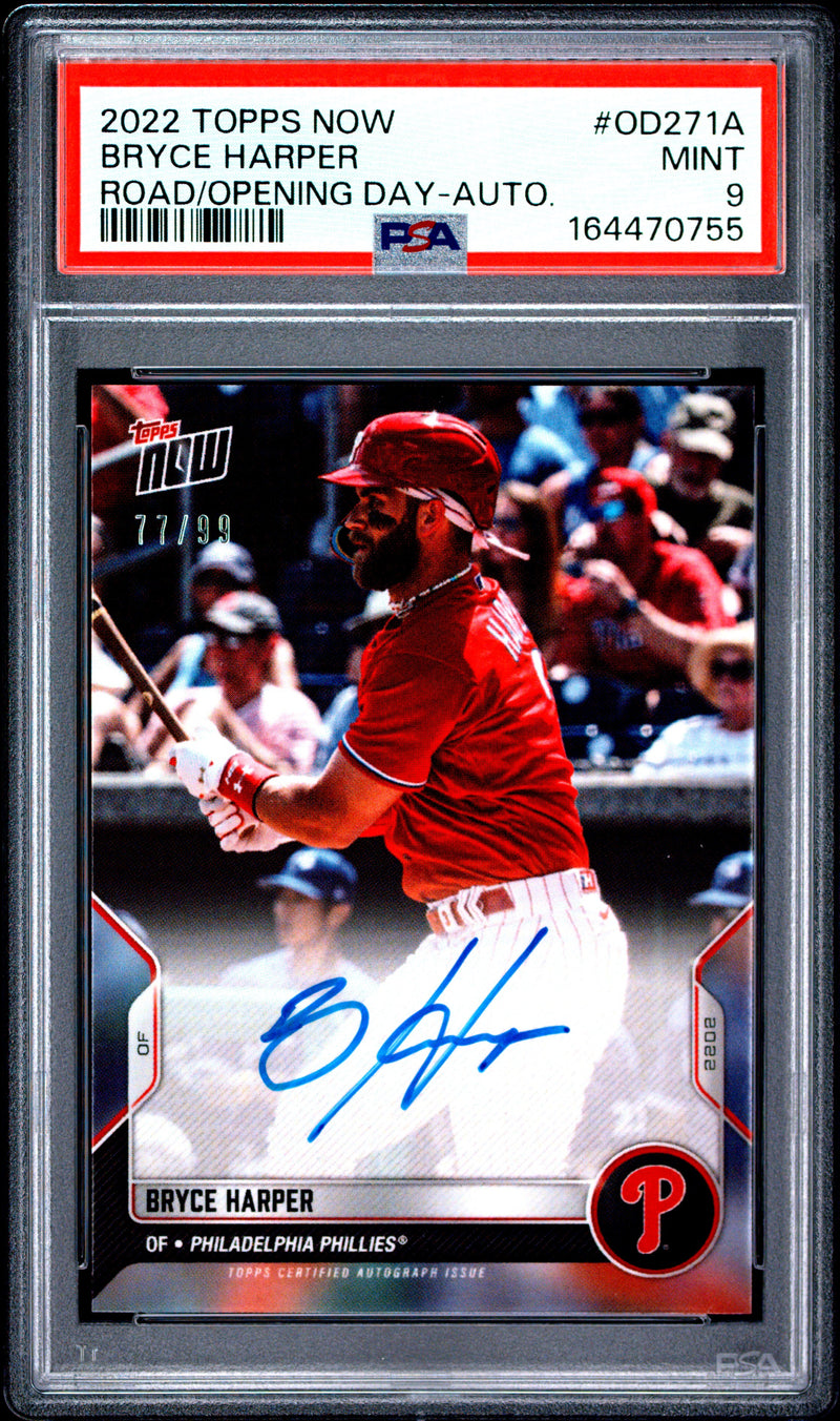 Bryce Harper Trading Card 2022 Topps Now #271A Opening Day Auto, PSA 9, Philadelphia Phillies Baseball