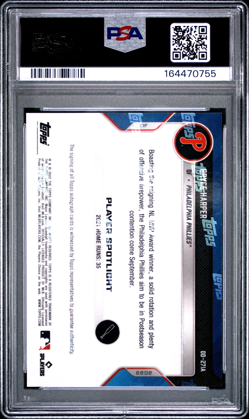 Bryce Harper Trading Card 2022 Topps Now #271A Opening Day Auto, PSA 9, Philadelphia Phillies Baseball