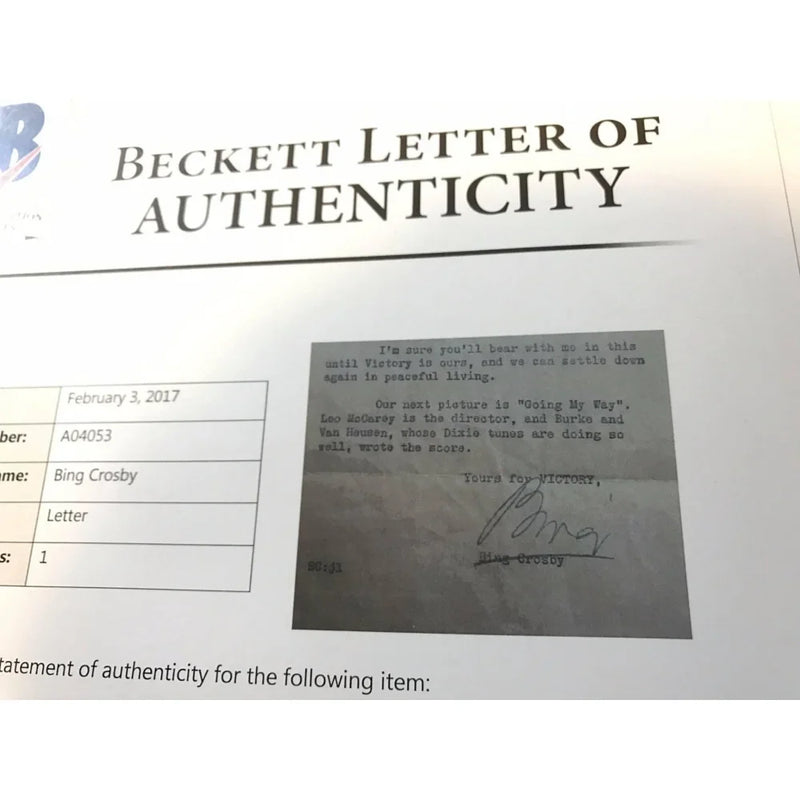 Bing Crosby Hand Signed Letter Beckett BAS COA Framed Collage