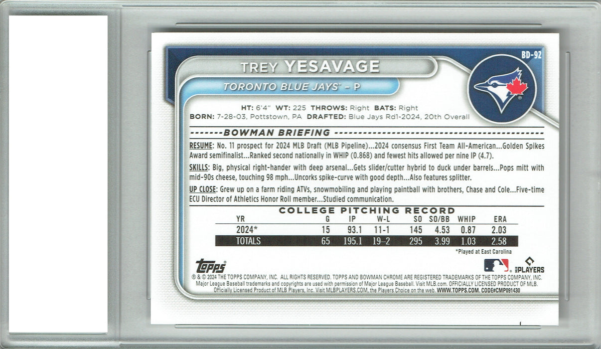 Trey Yesavage 2024 Bowman #BD-92 1st Rookie Card PGI 10