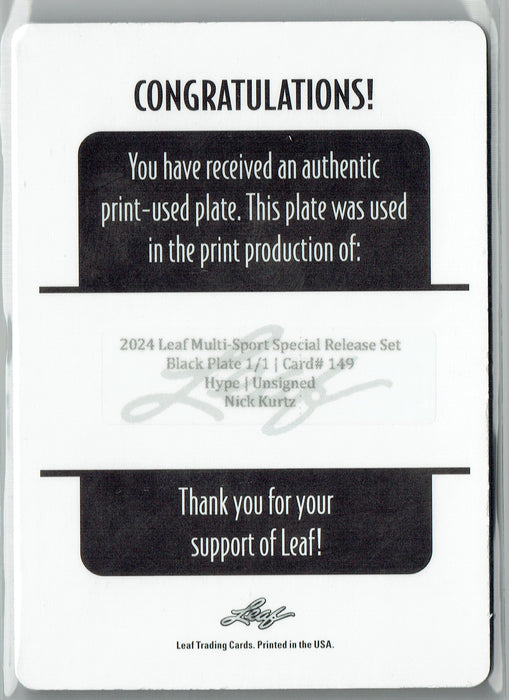 Mint Nick Kurtz 2024 Leaf HYPE! #149 Black 1/1 Printing Plate Rookie Card