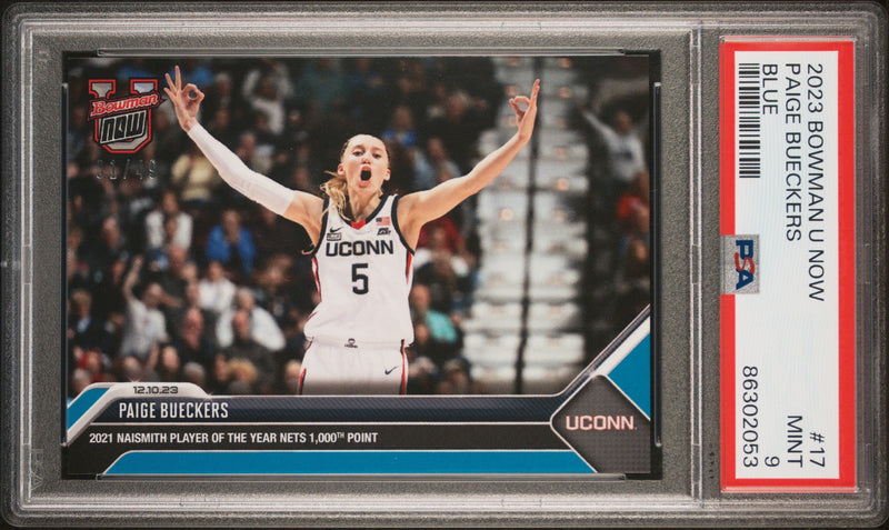 PSA 9 Paige Bueckers 2023 Bowman University Now #17 Blue SP 49 Made Rookie Card