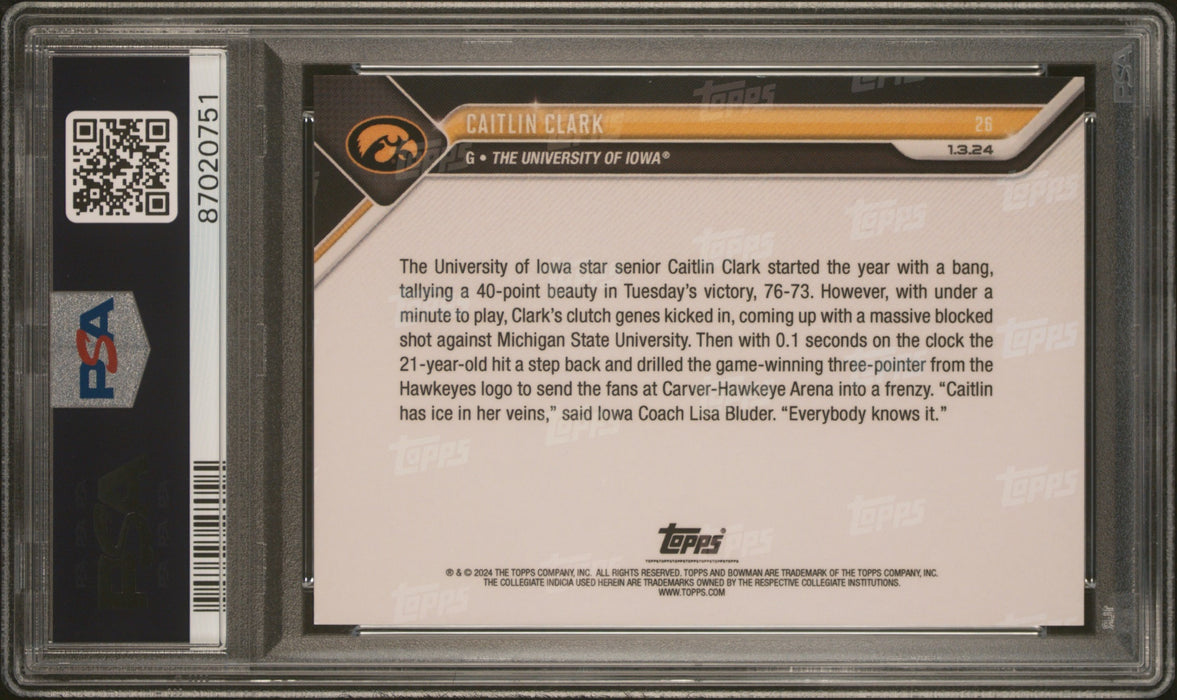 PSA 10 Caitlin Clark 2023 Bowman University Now #26 Blue SP 24/49 Rookie Card