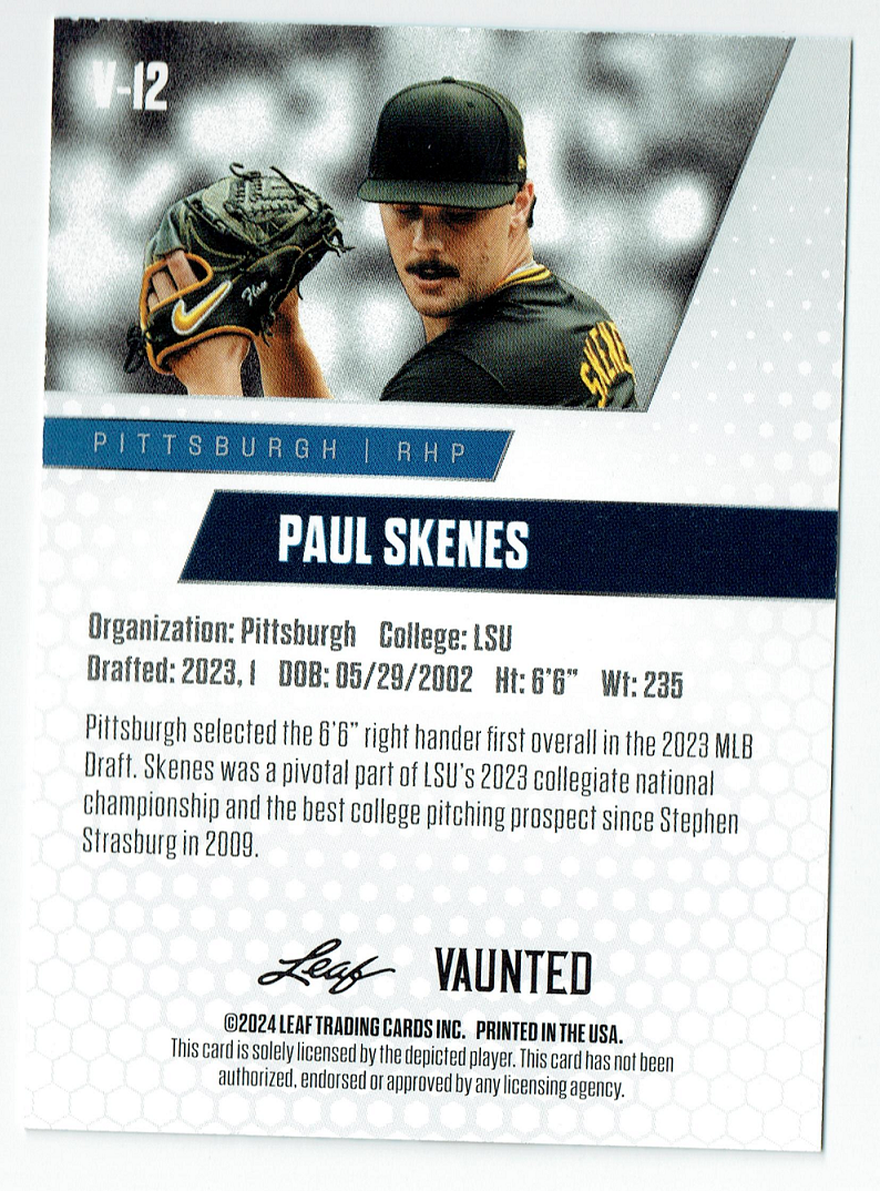 Mint Paul Skenes 2024 Leaf Vaunted #12V Debut Collection Rookie Card Pittsburgh Pirates