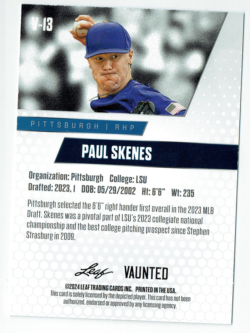 Mint Paul Skenes 2024 Leaf Vaunted #13V Debut Collection Rookie Card Pittsburgh Pirates