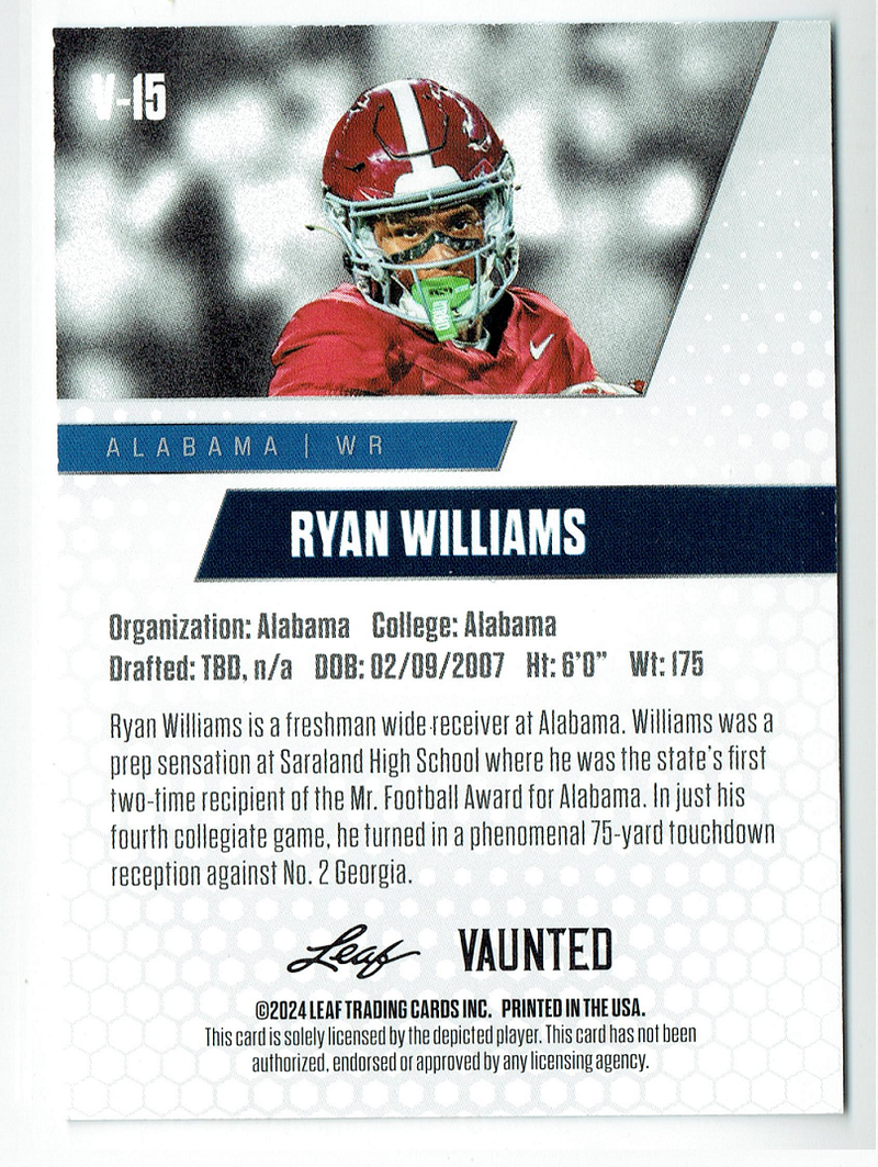 Mint Ryan Williams 2024 Leaf Vaunted #15V Debut Collection Rookie Card Alabama