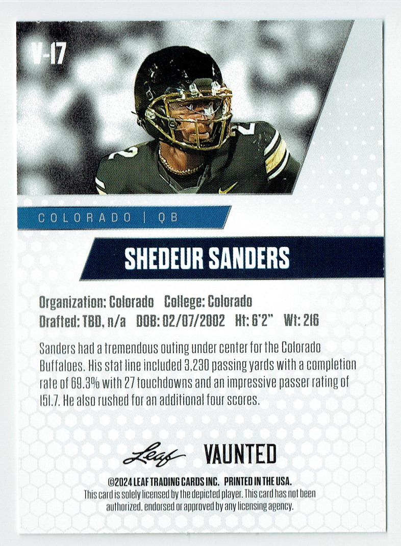 Mint Shedeur Sanders 2024 Leaf Vaunted #17V Debut Collection Rookie Card